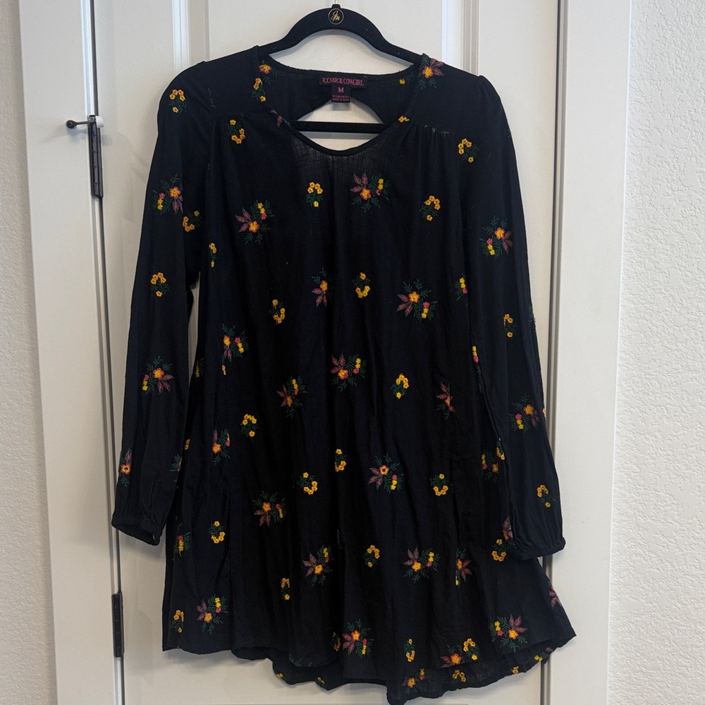 Rock & Roll Cowgirl Black Mini Dress with Yellow, Pink and Green Floral Design